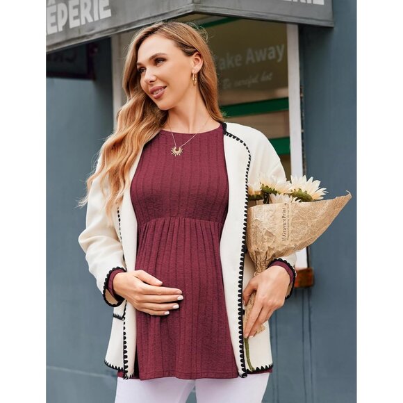 Womens Maternity Long Sleeve Top Ribbed Crew Neck Pregnancy Shirt Plus Size - Picture 4 of 5
